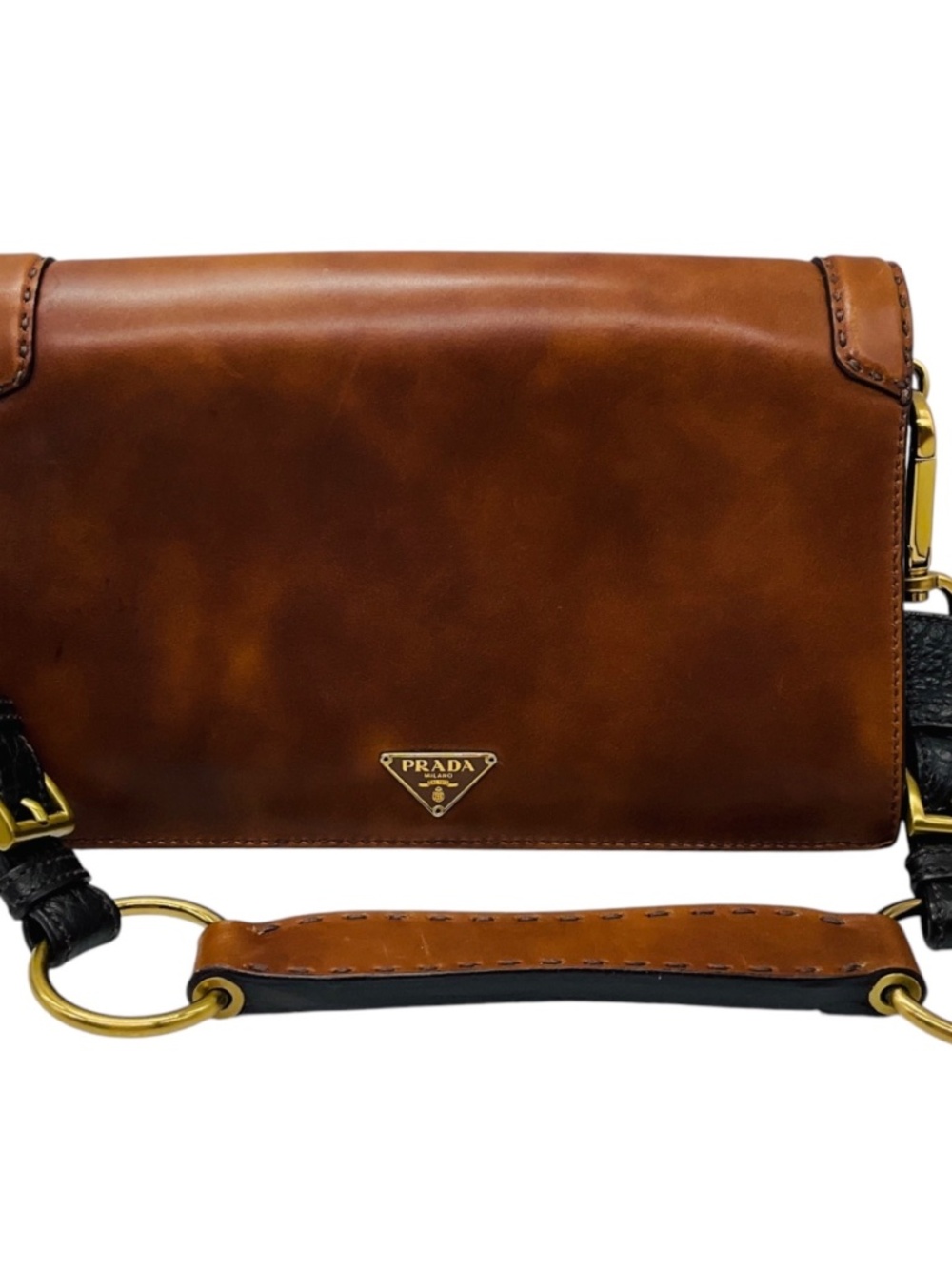 PRADA BROWN ANTIK CALF SOUN CUOIO EBANO LEATHER SHOULDER BAG WITH LOGO PLAQUE